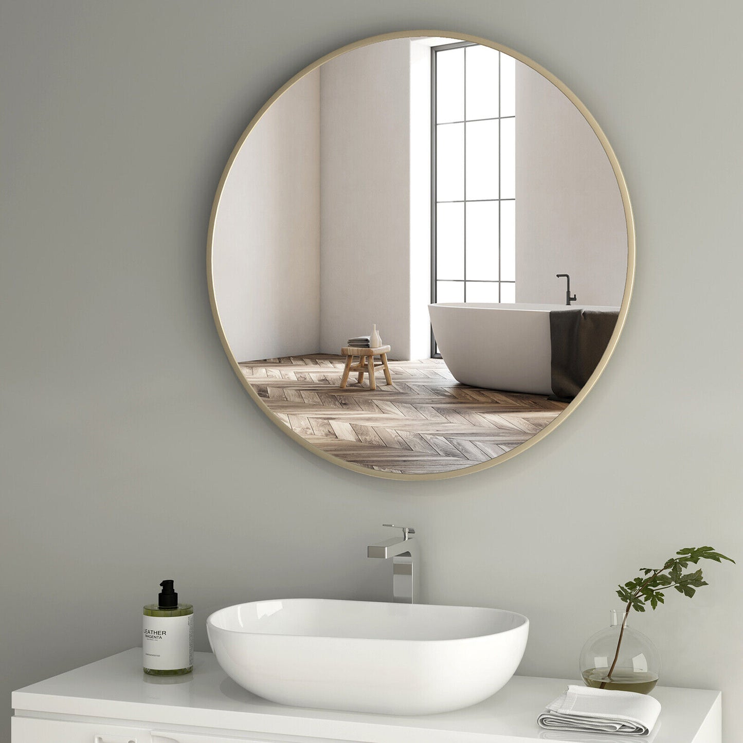 Round LED Mirror Bathroom Black Gold Frame With/no Clock Demister Illuminated