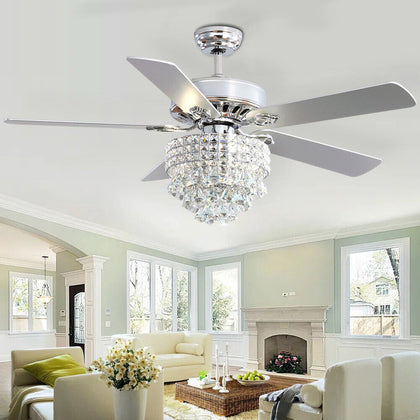 52'' Crystal Ceiling Fan Light 5 Blades 3 Speed Chandelier Lamp w/Remote Control