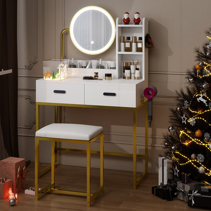 Modern Dressing Table Set with LED Light Mirror Stool Drawers Shelves Bedroom