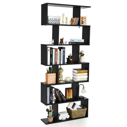 6-tier Bookcase Industrial S-Shaped Bookshelf Wooden Storage Display Rack