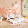 Kids House Bed with Trundle with Full Length Safety Guardrails and Roof
