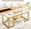Coffee Table Glass 2 Tier Storage Shelf Metal Frame Living Room Gold Home Unit