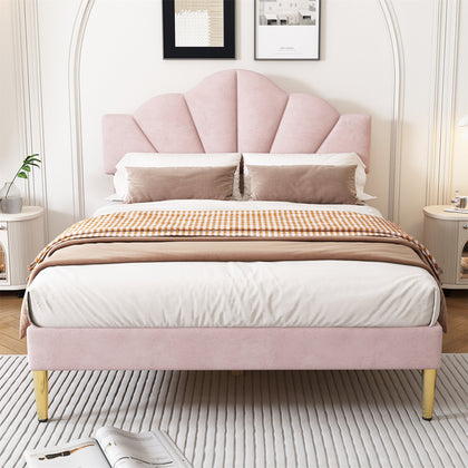 5ft King Size Bed Plush Velvet Upholstered Bed Frame With Padded Headboard Pink