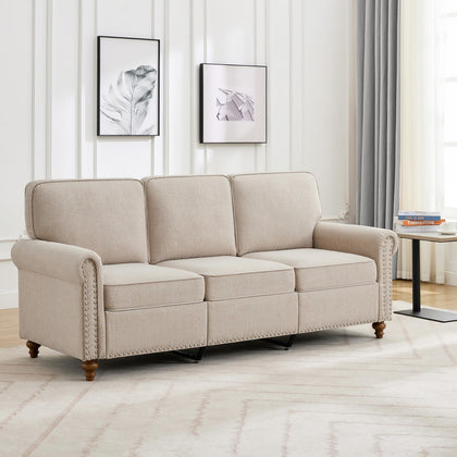 3 Seater Sofa Couch Linen Fabric Settee for Living Room & Office Studded (Beige)
