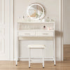Dressing Table w/ Round LED Light Mirror Vanity Wooden Chair 2 Drawers Metal Leg