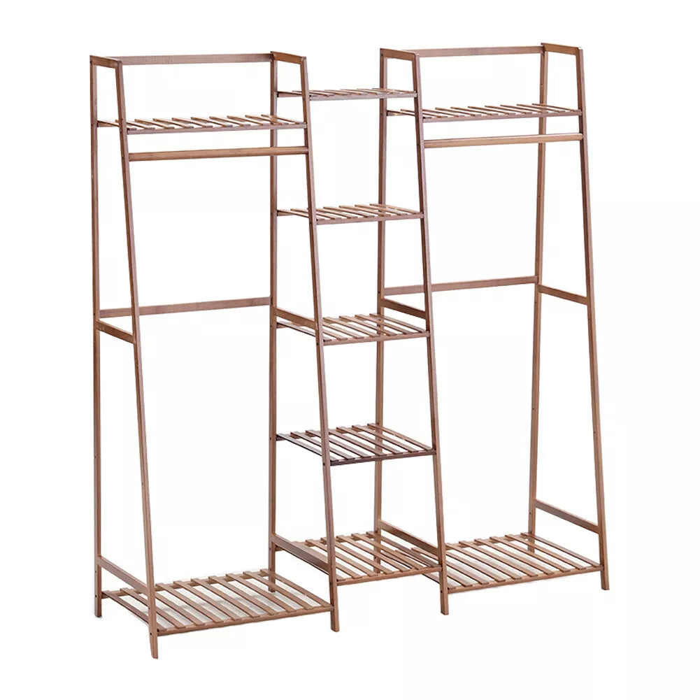 Wooden Clothes Rail Rack Garment Hanging Stand Open Wardrobe w/Bottom&Top Shelf