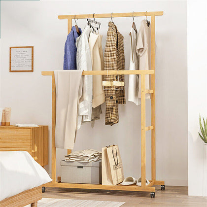 Bamboo Clothes Rail Double Hanging Garment Rack Storage Shelf W/ Wheels