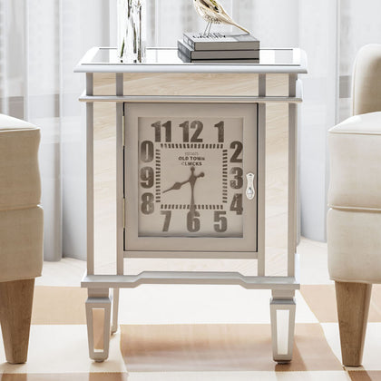 Large Mirror Nightstand 1 Door Cabinet Mirrored Sofa Side End Table with Clock
