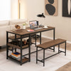 3 PCS Dining Table Set Kitchen Table & 2 Benchs w/ Storage Shelves Space-Saving