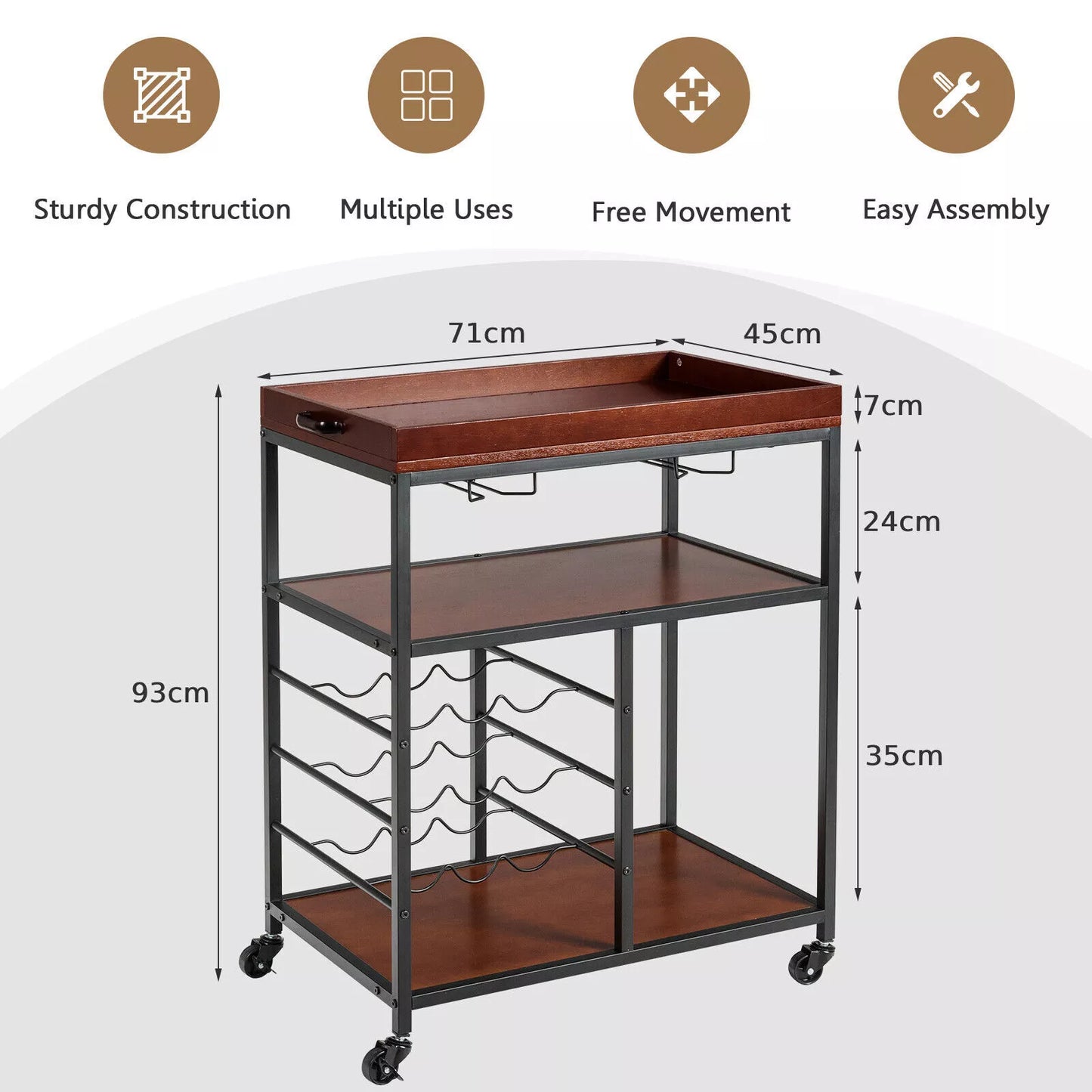 Industrial Kitchen Island Cart 3-Tier Rolling Bar Serving Trolley With Wine Rack