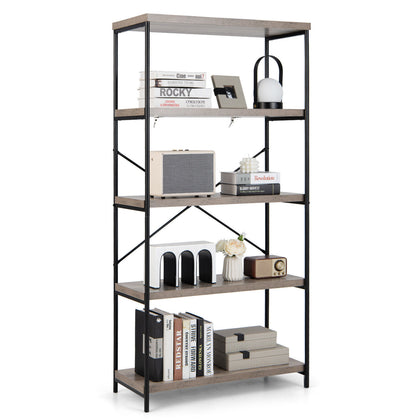 5-Tier Bookshelf Wood Bookcase Home Office Standing Display Rack-Grey