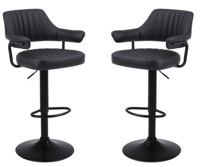 2 X PLUSH BLACK BAR STOOLS, GAS LIFT, BREAKFAST KITCHEN BAR PADDED ARMS & BACK