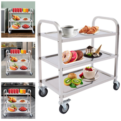 3 Shelves Stainless Steel Service Trolley Kitchen Trolley Food Trolley w/Brake