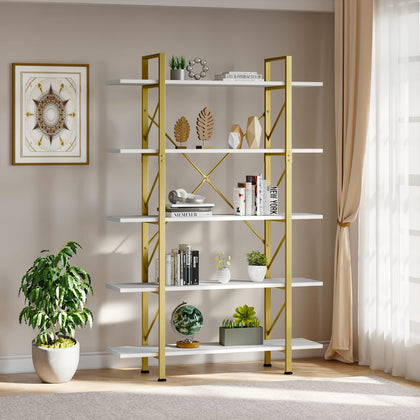 5-Tier Gold Bookshelf, Modern Freestanding Shelves for Living Room