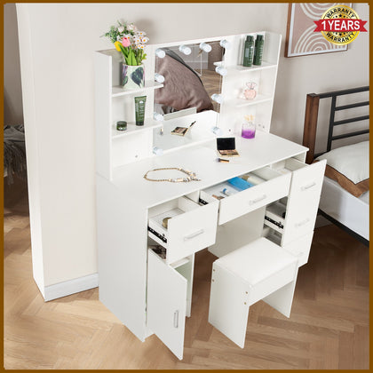 Modern Dressing Table Makeup Desk with Mirror Drawers Stool 10 LED Light Bedroom