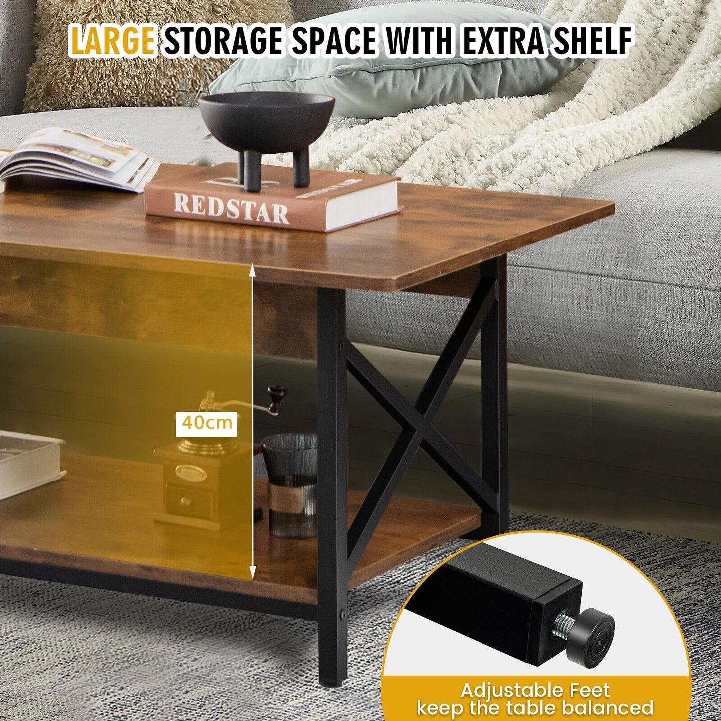 2-Tier Industrial Coffee Table Home Cocktail Tea Side Table with Storage Shelf