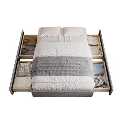 4FT6 DOUBLE BED LINEN FABRIC UPHOLSTERED BED FRAME WITH 4 STORAGE DRAWERS GREY