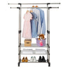 Extendable Mobile Clothes Garment Two Hanging Rails Stand with 3-Tier Shoes Rack