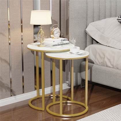 2Pcs Marble Side Table Nesting Coffee Tables Corner Cabin Bedroom White & Gold