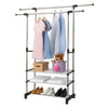 Extendable Mobile Clothes Garment Two Hanging Rails Stand with 3-Tier Shoes Rack