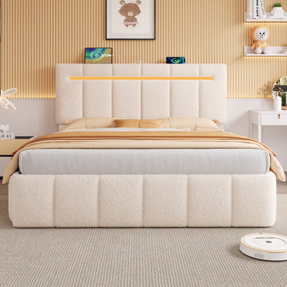 5ft King Ottoman Storage Bed Frame with Tufted Headboard & Night Light, Beige