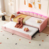Daybed Velvet Sofabed LED Single Sofa Bed With Pull Out Trundle Guest Bed Pink