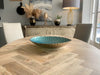 Oval Solid Mango Wood Dining Table, Herringbone Design, Black Iron Spider Base