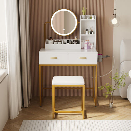 Modern Dressing Table Set 3 Color LED Lighted Vanity Table with Stool 2 Drawer