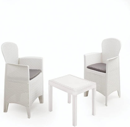 Akita 3-Piece Garden White Rattan Effect Lounge Bistro Patio Set with Cushions