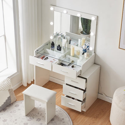 Mirrored Dressing Table with LED Light 5 Draweer Desk Table And Stool Glass TOP