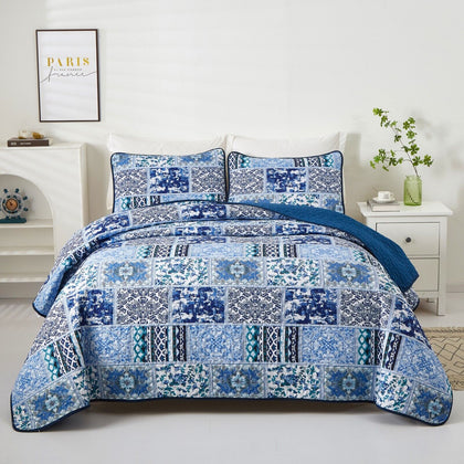 3 Piece Patchwork Bedspread Quilte Set Bedding Throw Rugs Pillowcase Double Size