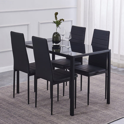 4pcs Black Faux Leather Dining Chairs with Black Tempered Glass Dining Table Set
