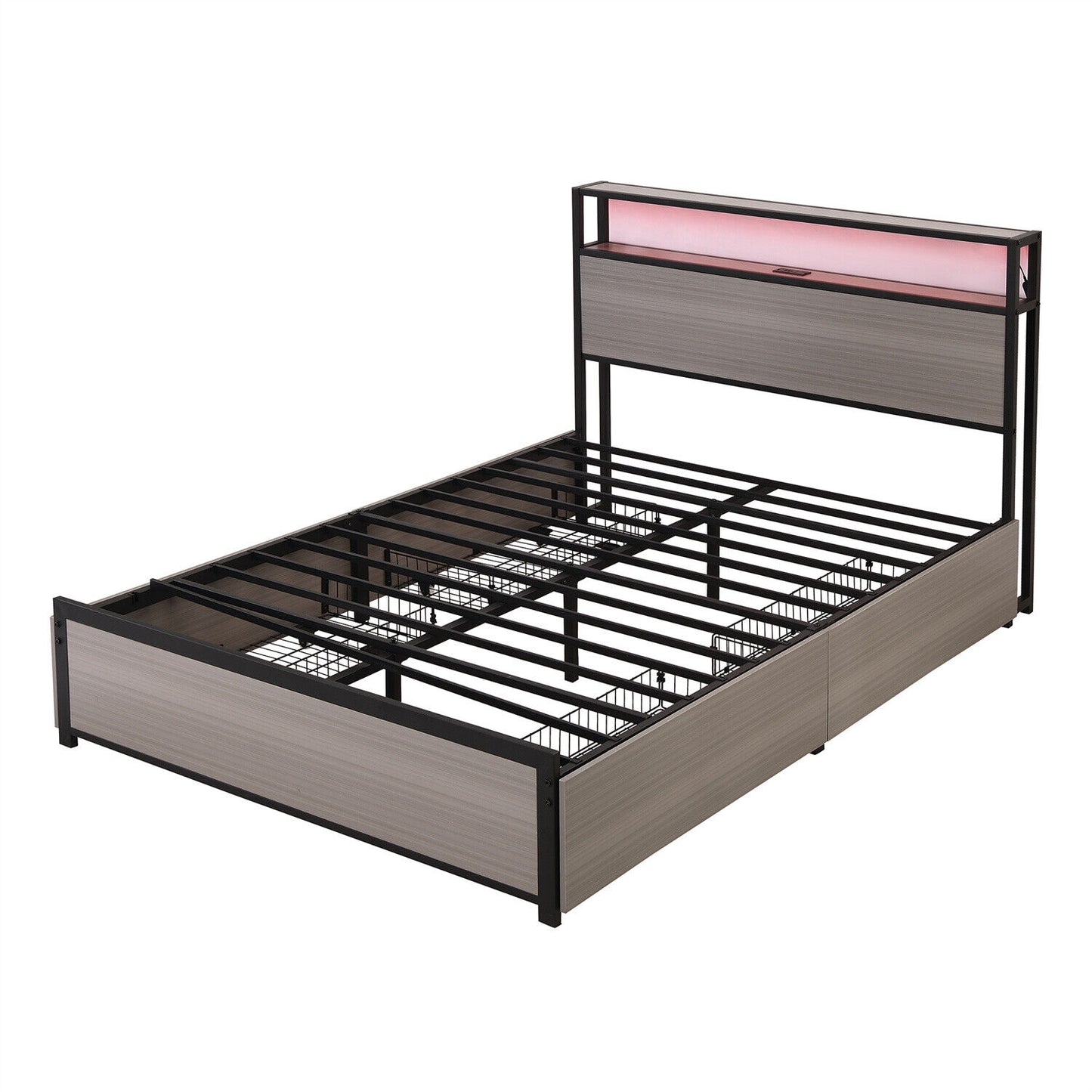 Double Bed Frame with LED Lights, 4 Drawers, Charging Station Metal Platform Bed