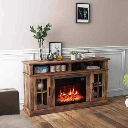 58 Inch Rustic Fireplace TV Stand w/ Open Storage Compartments & 2-Door Cabinets
