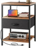 Narrow Side Table with USB & Power Outlets, 3-Tier Nightstand Drawer Rustic