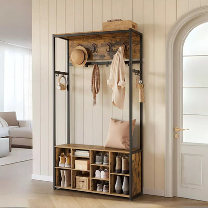 Large Rustic Coat Rack With Seat Entryway Hall Tree Shoe Rack Shoe Bench Shelves