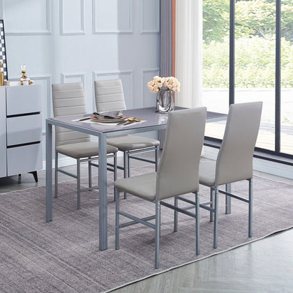 4pcs Grey Faux Leather Dining Chairs Footrest Legs & Grey Glass Dining Table Set