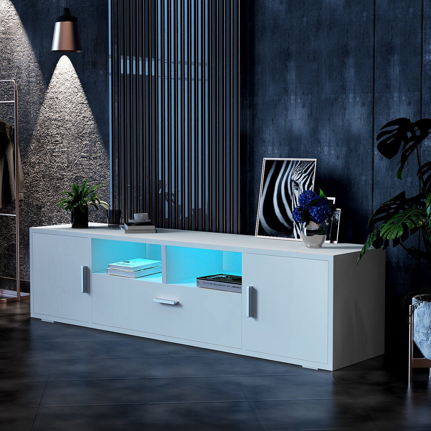 TV Stand 160cm High Gloss TV Unit Cabinet Sideboard With LED Light & Drawers UK