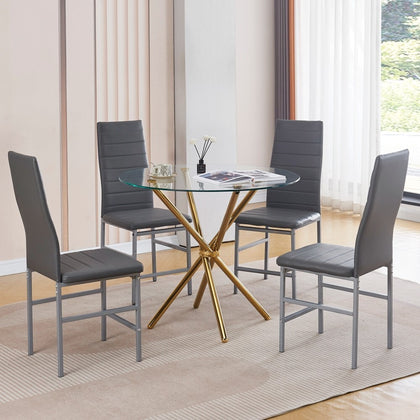 4x Grey Faux Leather Dining Chairs&Round Tempered Glass Golden Legs Dining Table