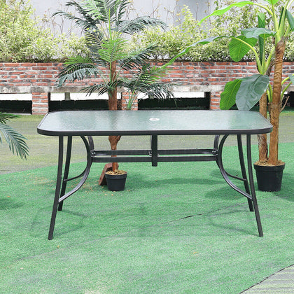 1.2m Black Garden Table Patio Yard Rectangle Glass Dining Table w/ Parasol Hole