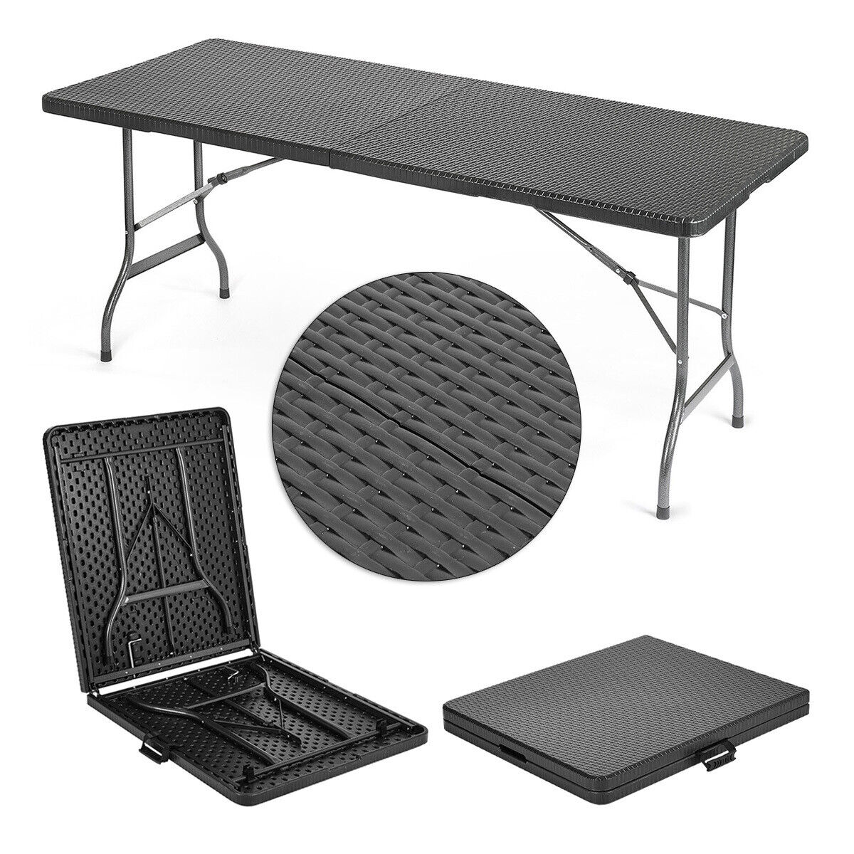 Rattan Garden Dining Table and Chairs Set Folding Camping BBQ Picnic Table Bench