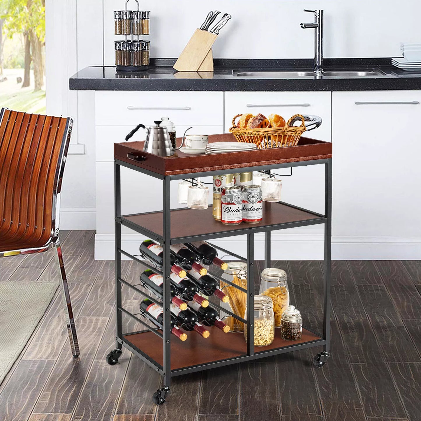 Industrial Kitchen Island Cart 3-Tier Rolling Bar Serving Trolley With Wine Rack