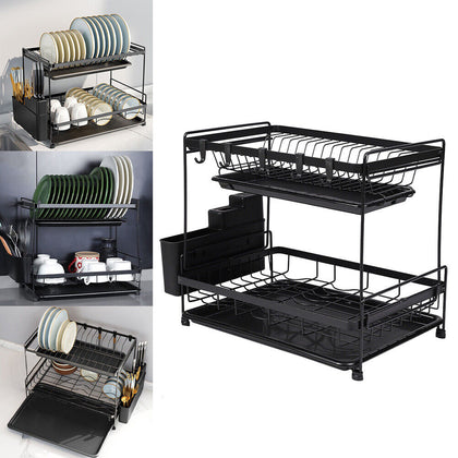 2Tier Kitchen Dish Drainer Rack Plates Bowls Holder Storage Rack Dryer Organizer