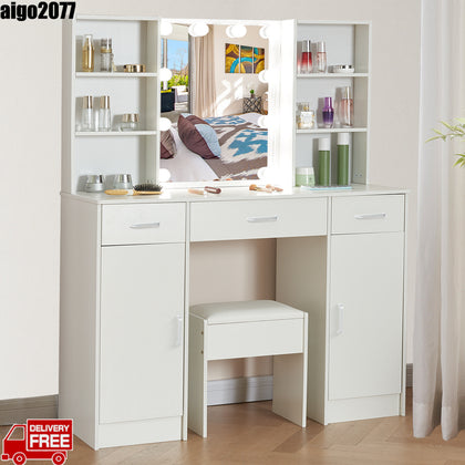 Large Dressing Table Vanity Makeup Desk With 3 Color Modes LED Light Mirror