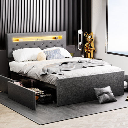 4ft6 Double Bed Frame with LED Upholstered Headboard 4 Underbed Storage Drawers