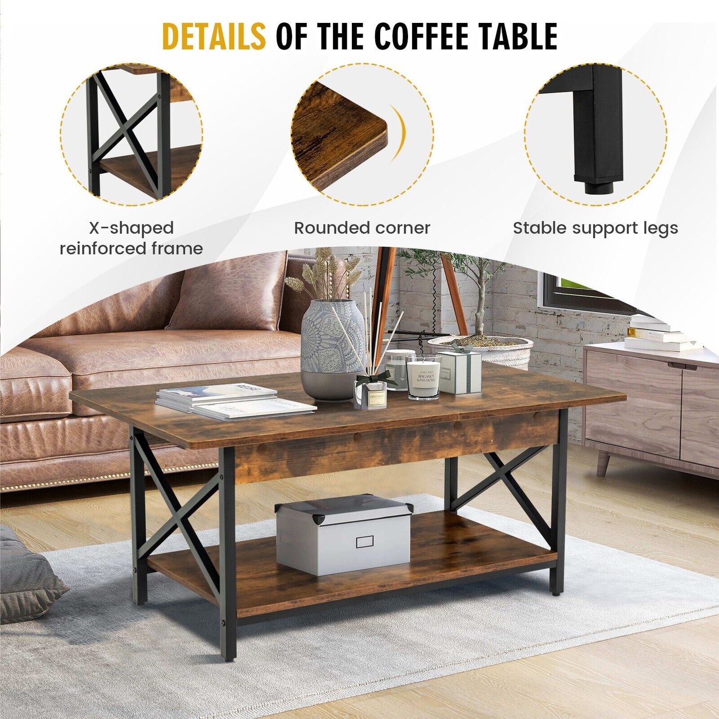 2-Tier Industrial Coffee Table Home Cocktail Tea Side Table with Storage Shelf