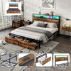 DOUBLE METAL BED FRAME WITH LED, CHARGING STATION, STORAGE HEADBOARD AND DRAWERS