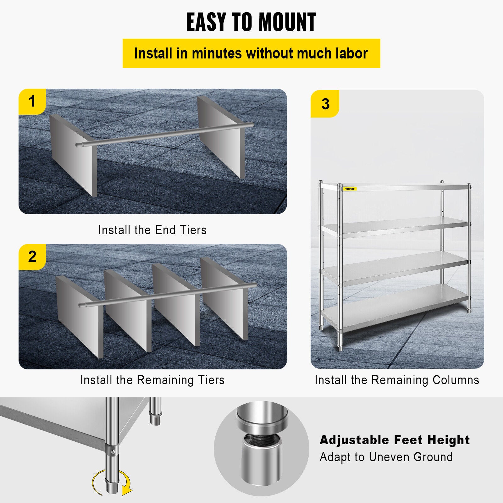 Stainless Steel Shelving Adjustable Storage Shelf 4-Tier Storage Rack ...