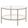 Round Glass Coffee Table with Golden Metal Legs & Shelf Living Room Furniture