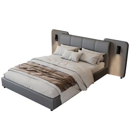 4ft6 Double Slatted Bed Frame, Headboard with Charging Port and Lighting Grey